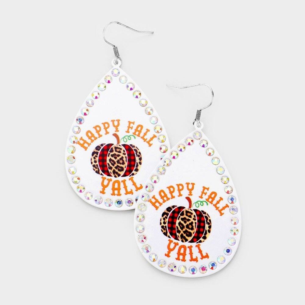 Happy Fall Yall White Metal Teardrop Earrings Buffalo Plaid/Animal Print Pumpkin